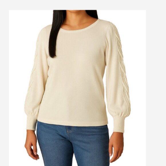 Chico’s Ivory Sweater Women Size 1 (Med) Ivory Pearl Braided Sleeve Rayon Blend - Picture 1 of 4